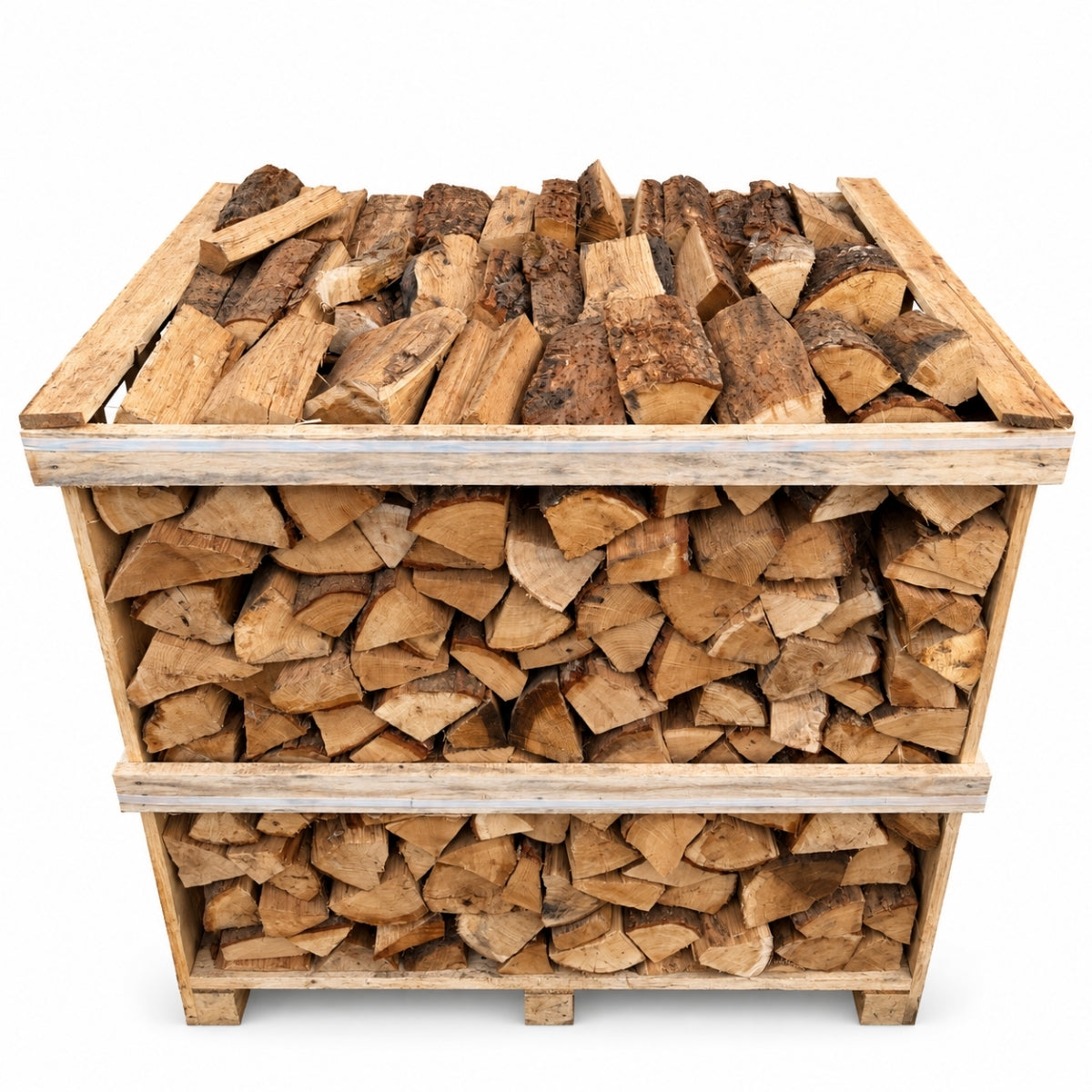 Krat met 1 m³ ovengedroogd eiken haardhout op witte achtergrond – schuin bovenaanzicht